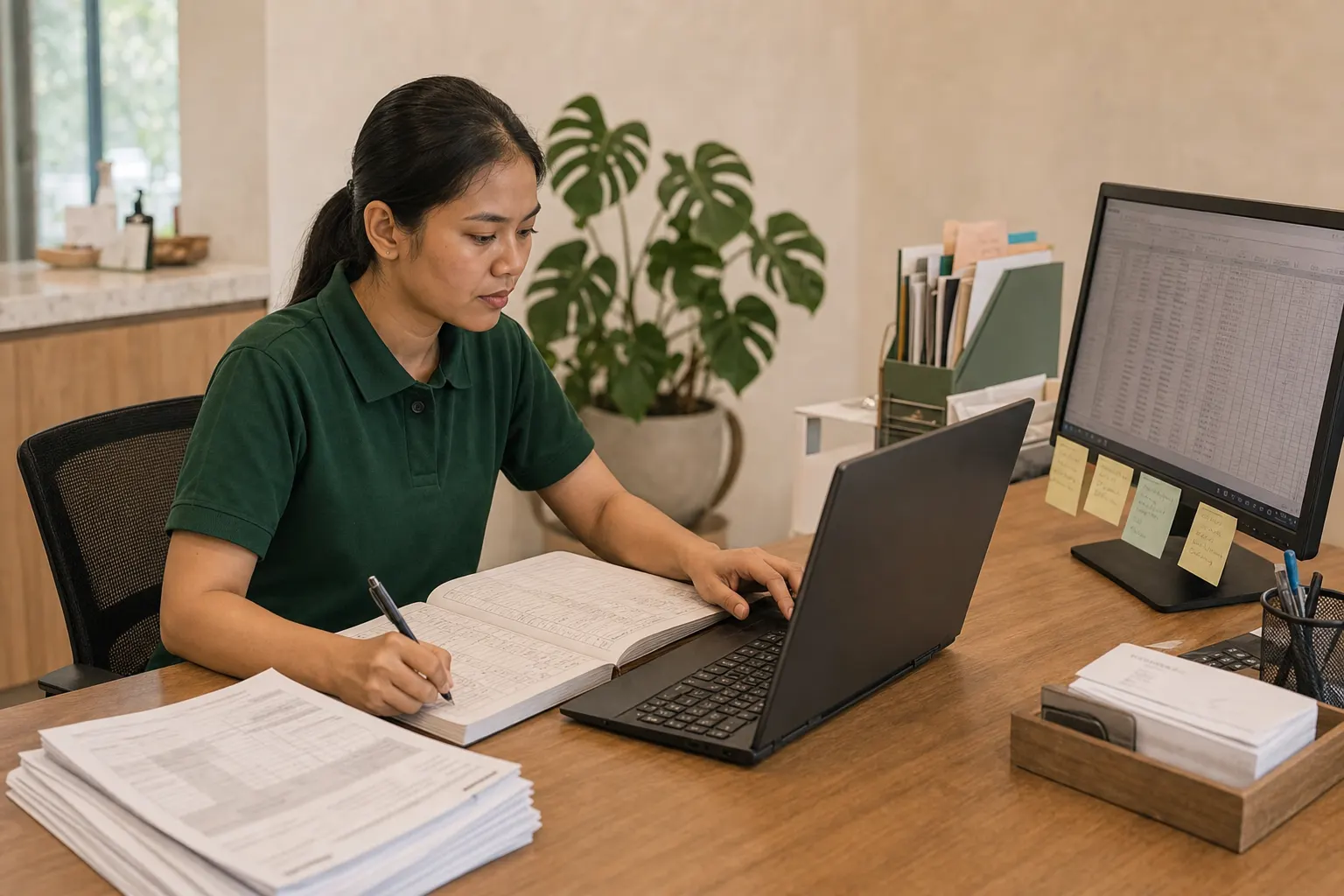 Admin klinik menyalin angka dari buku besar kertas ke laptop, dengan monitor terpisah berisi spreadsheet dan tumpukan formulir di mejanya.